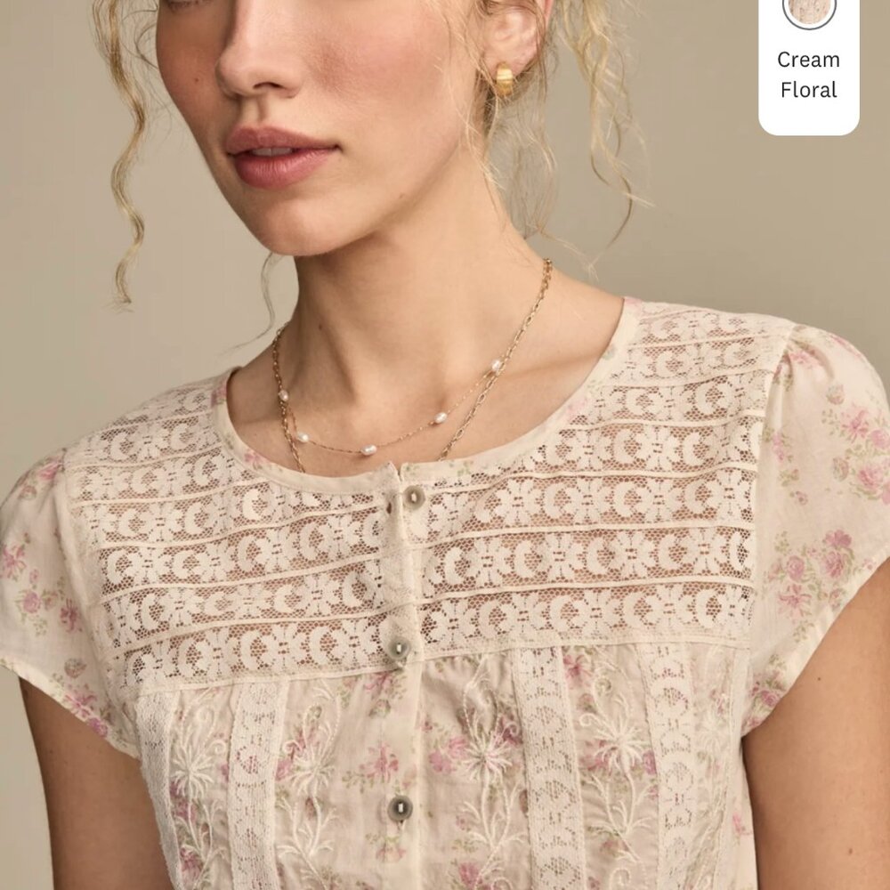 Lucky‎ Brand Cream Floral Lace Inset Blouse Sz L - Picture 4 of 5